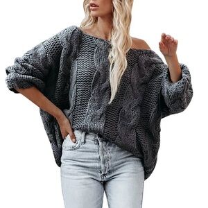 Cozy Gray off shoulder Cable Knit Sweater